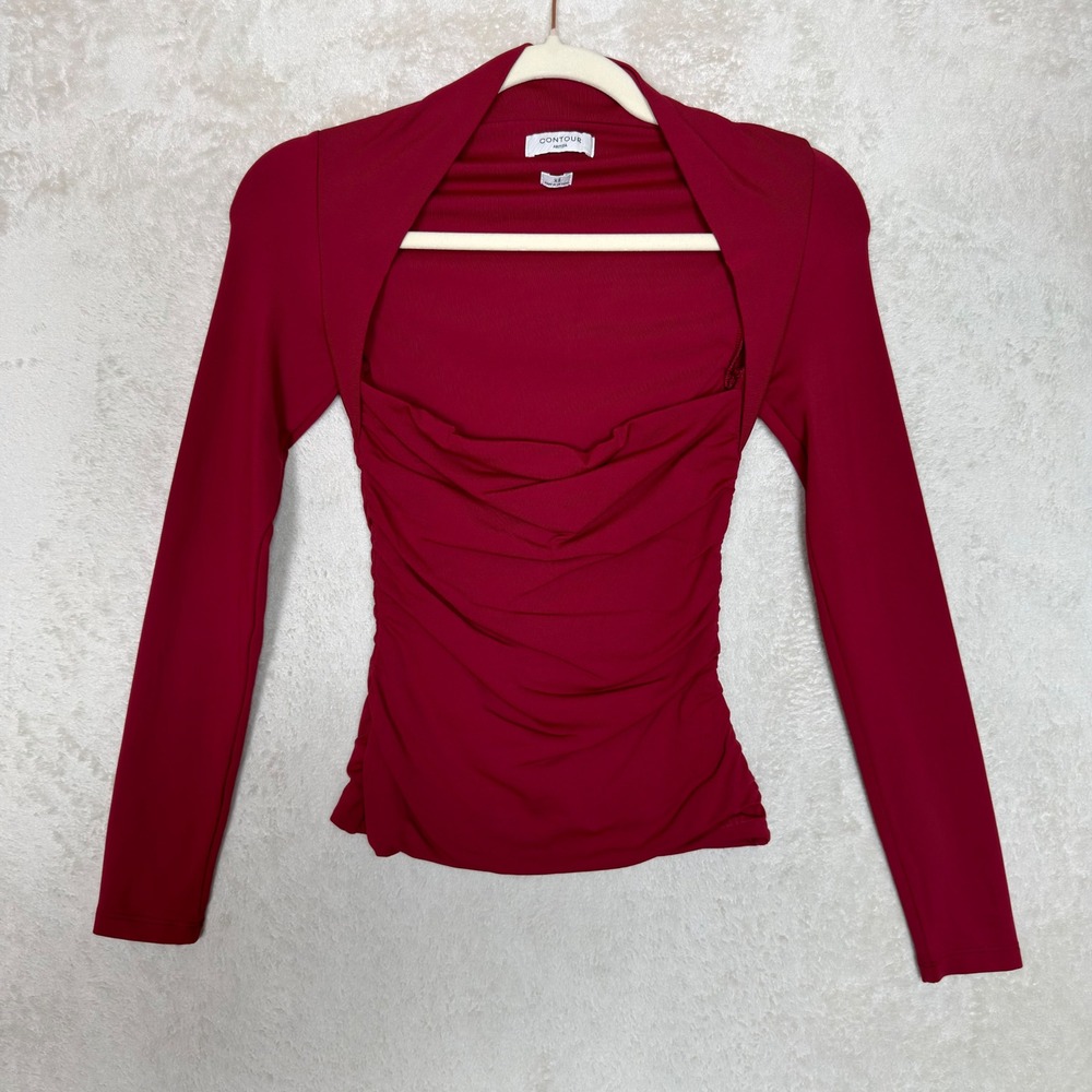 Aritzia Babaton Contour Flourish Ruched Long Sleeve Top Deep Red XS Minimalist